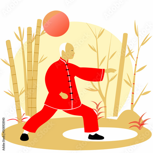 elderly person practicing tai chi in serene bamboo forest setting, wearing traditional red outfit, with warm sun in background, evoking calmness and balance