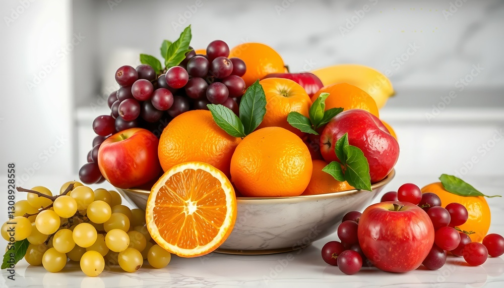 Fresh Fruit Bowl Arrangement of Oranges Apples Grapes on Marble Surface Fresh Fruit Bowl Arrangement of Oranges Apples Grapes on Marble Surface