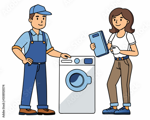 technician in overalls and woman holding tablet stand next to washing machine, symbolizing appliance repair or maintenance services