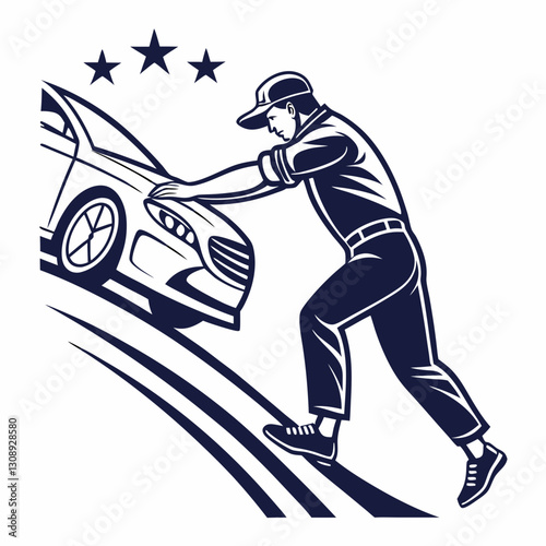 mechanic in uniform pushes car uphill, symbolizing effort and determination, with three stars above representing quality or achievement. illustration is in bold, monochromatic style