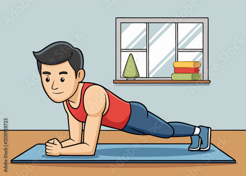 man in red tank top and blue pants is performing plank exercise on blue mat in bright room with window, small plant, and folded towels on shelf