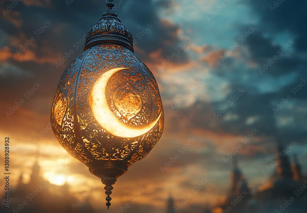Ornate Lantern with Crescent Moon Glowing at Sunset Ornate Lantern with Crescent Moon Glowing at Sunset
