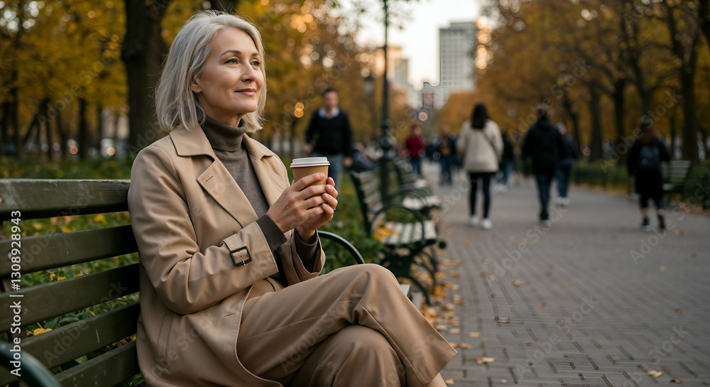 Fototapeta premium Fashionable Senior Woman with Coffee on park Bench