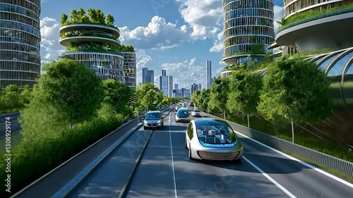 Futuristic city with eco-friendly buildings and self-driving cars on a highway.
