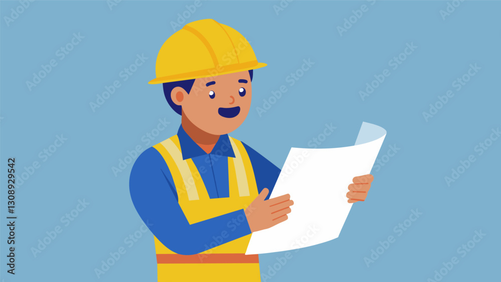 With a determined expression the construction worker studies the intricate details of the blueprint ensuring that the building will be built to. Vector illustration With a determined expression the construction worker studies the intricate details of the blueprint ensuring that the building will be built to. Vector illustration