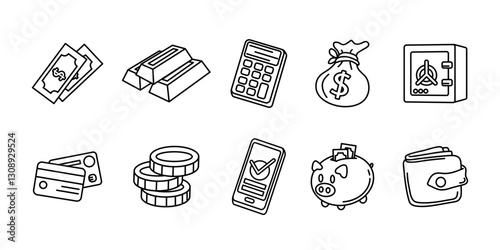 Finance icon set. Money and banking vector illustration collection. Business investment symbol. Bank accounting sign. Economic and currency pictogram. Budget, revenue and savings outline concept.