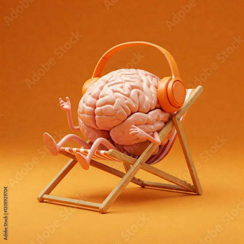 Brain in a deck chair listening to music on headphones