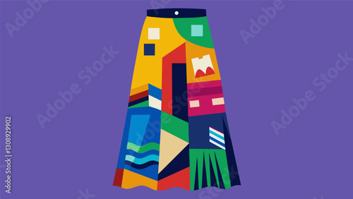 A flowing maxi skirt made entirely from recycled tshirts showcases a beautiful mosaic of various graphic designs and logos.. Vector illustration
