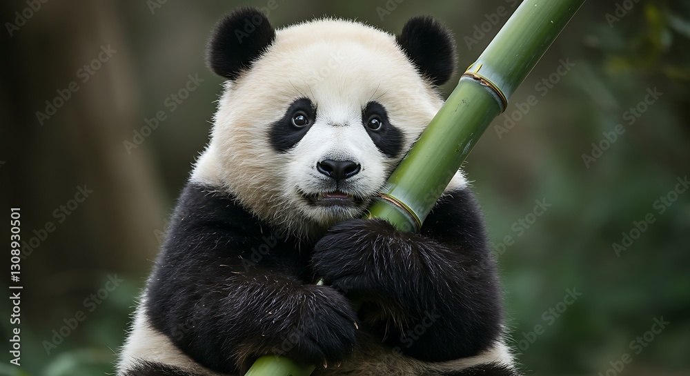 Fototapeta premium A fluffy baby panda hugging a giant bamboo stalk, looking adorable.
