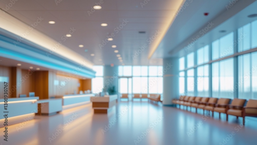 Fototapeta premium Blurred modern hospital reception area with waiting room chairs and large windows