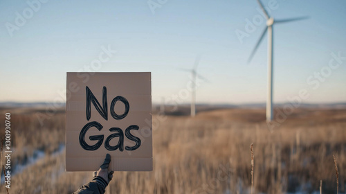 Protester with No Gas Sign Near Pipeline and Wind Turbines photo