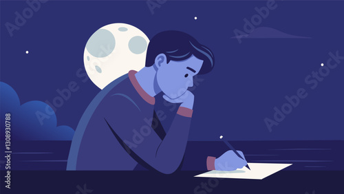 Lost in thought he scribbled in his journal the pages illuminated by the soft glow of the moon as it reflected off the shimmering ocean.. Vector illustration