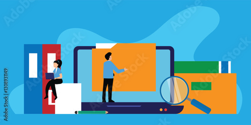 Data Organization and Digital File Management Concept with People, Folders, and Technology 2d flat vector illustrations