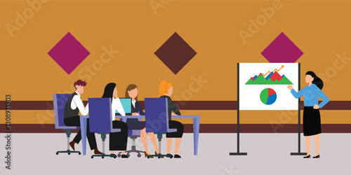 Business Presentation and Team Meeting Concept with Data Charts 2d flat vector illustrations