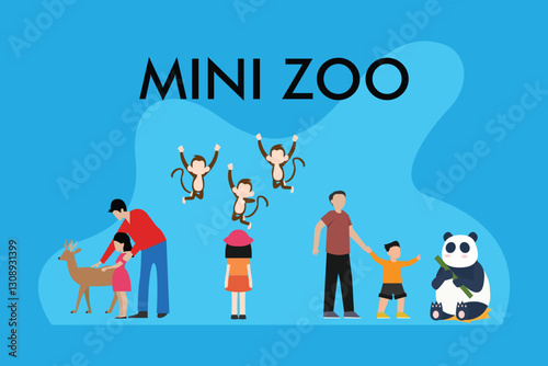 Family Fun at the Mini Zoo — Interacting with Animals and Enjoying Wildlife 2d flat vector illustrations