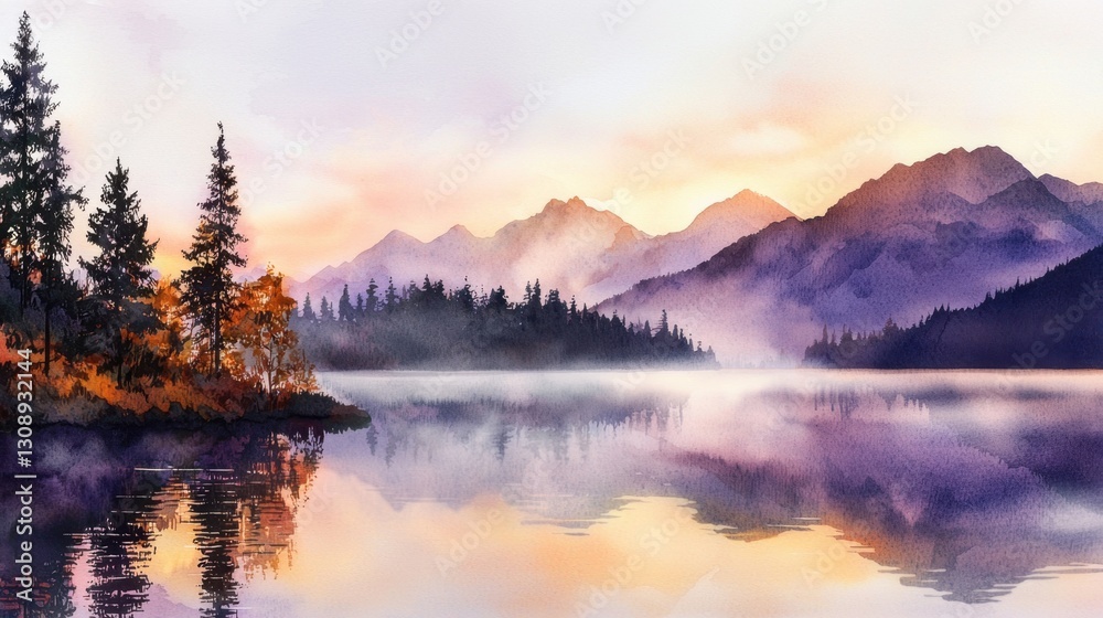A tranquil lake reflects the stunning hues of sunrise, with mist swirling around majestic mountains and silhouettes of trees lining the shore. The scenery captures peaceful natural beauty A tranquil lake reflects the stunning hues of sunrise, with mist swirling around majestic mountains and silhouettes of trees lining the shore. The scenery captures peaceful natural beauty