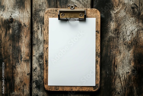 A wooden clipboard holds a blank white paper sheet