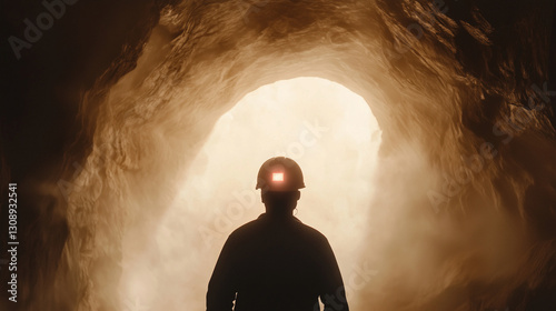 Miner emerging from tunnel with gas detector in dusty environment photo