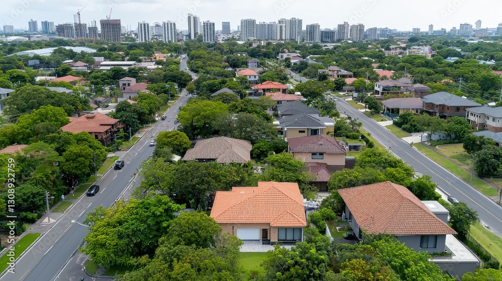 Fototapeta premium Aerial view of suburban neighborhood with lush greenery and city skyline in the distance.