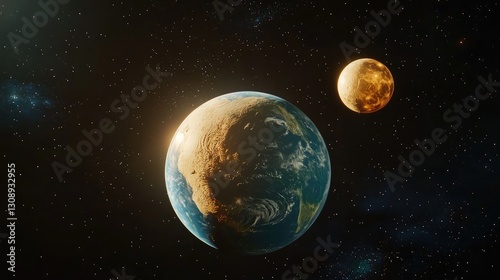Fototapeta Naklejka Na Ścianę i Meble -  A dynamic space composition featuring a vibrant Earth and its companion Moon in deep space.