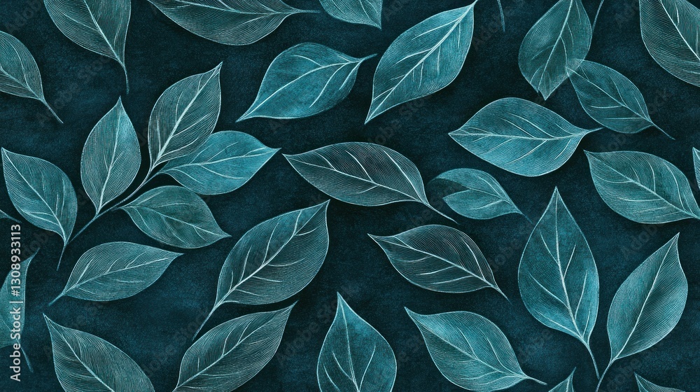 Teal leaves seamless pattern on dark background Teal leaves seamless pattern on dark background