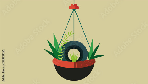 A hanging planter made from a repurposed tire adding a touch of industrial charm to a garden space.. Vector illustration