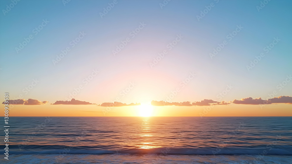 Sunset Over Ocean Horizon With Orange Sun Reflection on Water Under Blue Sky and Floating Clouds Sunset Over Ocean Horizon With Orange Sun Reflection on Water Under Blue Sky and Floating Clouds
