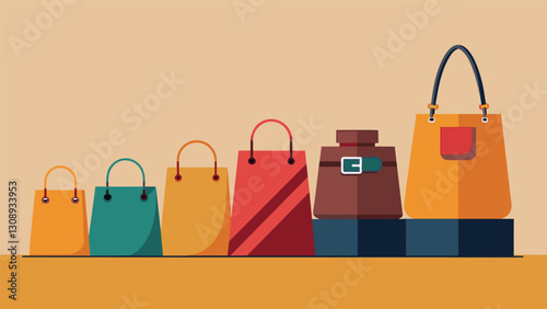 A lineup of stylish handbags and purses made from discarded leather scraps and revamping the idea of luxury through sustainable production.. Vector illustration