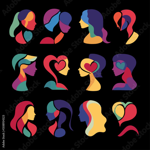 Colorful Woman Portraits in Abstract Design on Black Background Graphic