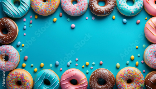 Delicious colorful donuts framing the image with sprinkles on a light blue background studio wallpaper
