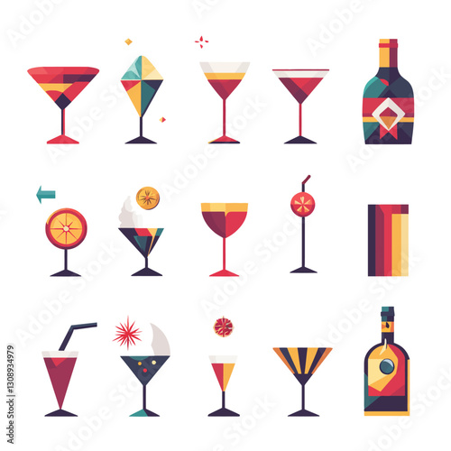 Graphic Design Cocktails and Wine Bottles on White Backdrop