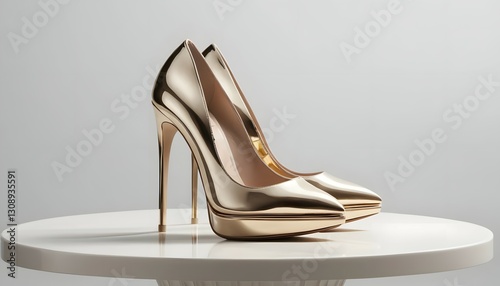 Golden High Heels on White Table Elegant Fashion Product Photography