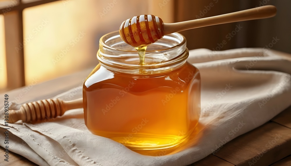 Golden Honey Pouring From Dipper Into Glass Jar on Wooden Surface Golden Honey Pouring From Dipper Into Glass Jar on Wooden Surface