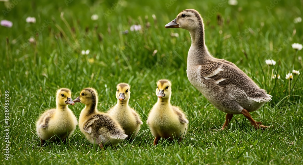 A group of fluffy ducklings following their mother through a meadow A group of fluffy ducklings following their mother through a meadow