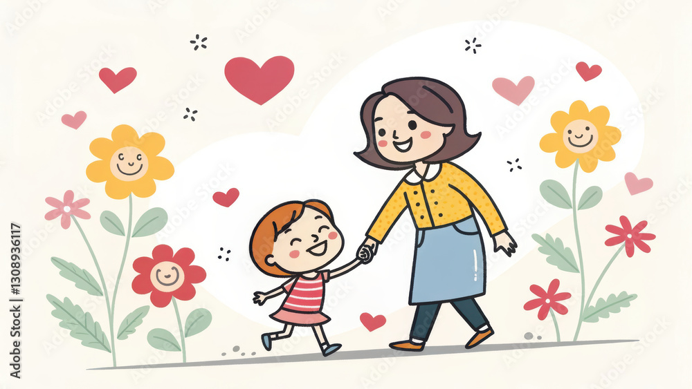 cheerful illustration of mother and daughter holding hands, surrounded by flowers and hearts, celebrating love and connection cheerful illustration of mother and daughter holding hands, surrounded by flowers and hearts, celebrating love and connection