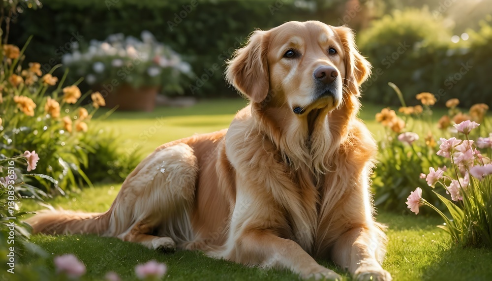 Golden Retriever Lying on Grass in a Sunny Garden with Flowers