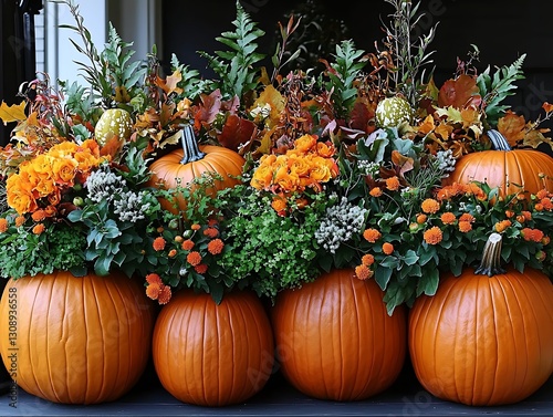 Autumn pumpkin planters doorway display