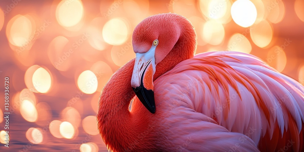 Naklejka premium Pink flamingo resting with dreamy bokeh background