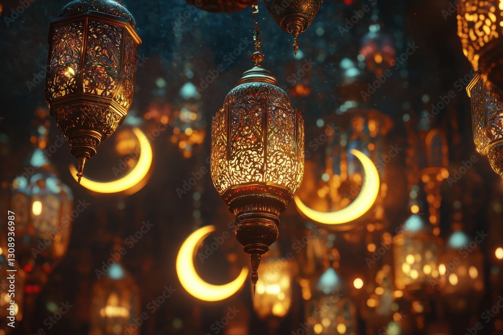 3D Ramadan Greeting with Arabic Calligraphy, Crescent Moons & Lanterns 3D Ramadan Greeting with Arabic Calligraphy, Crescent Moons & Lanterns