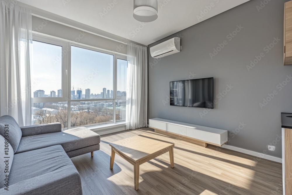 Fototapeta premium Modern, bright apartment living room with city view.