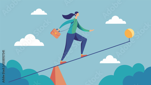 An illustration of a person balancing on a tightrope symbolizing the difficult decision of choosing the right loan repayment plan.. Vector illustration