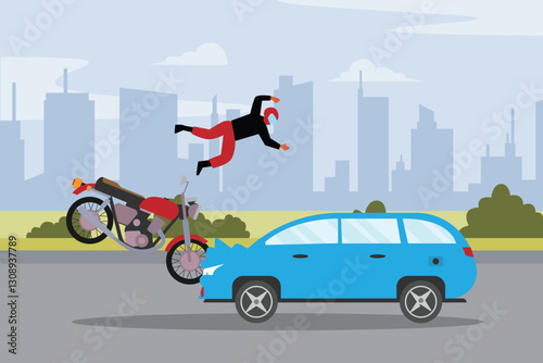 Motorcycle Accident Scene – Collision with Car in Urban Setting 2d flat vector illustrations