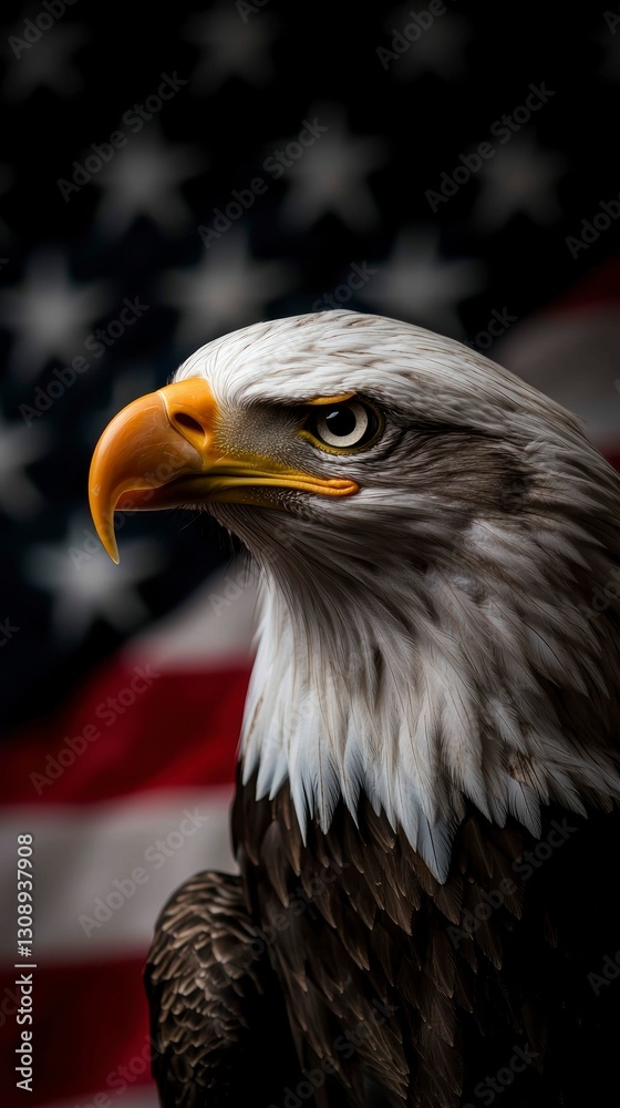 Fototapeta premium Bald Eagle Portrait with American Flag Backdrop Symbol of Freedom Patriotic National Pride Icon
