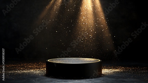 A black podium with a stunning product highlighted by a dramatic spotlight, golden glitter shining photo