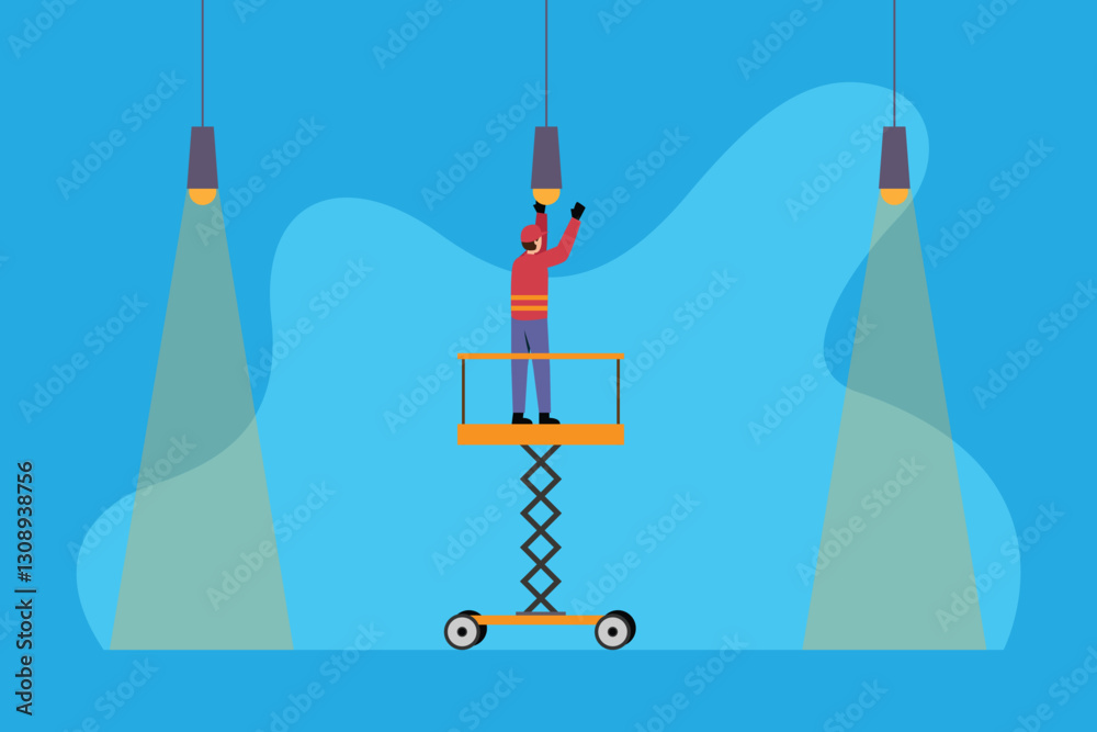 Fototapeta premium Electrician Changing Ceiling Light Bulb on Scissor Lift — Maintenance Work 2d flat vector illustrations