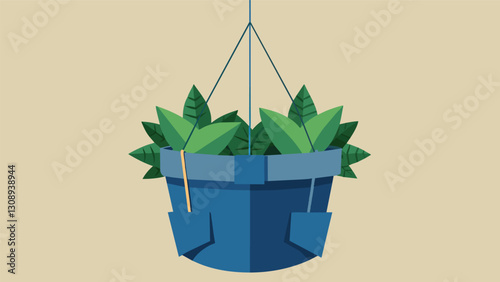A hanging plant holder made from recycled denim adding a touch of sustainable style to a garden space.. Vector illustration