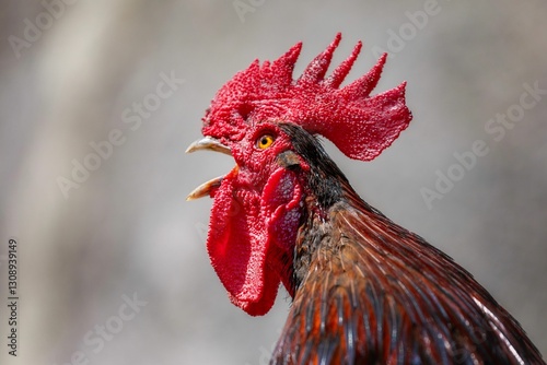 Vibrant rooster crowing in close-up.
