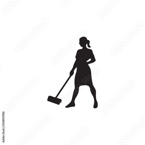 Silhouette of a woman cleaning with a mop and a broom.A simple silhouette of a woman cleaning, holding a mop and a broom.