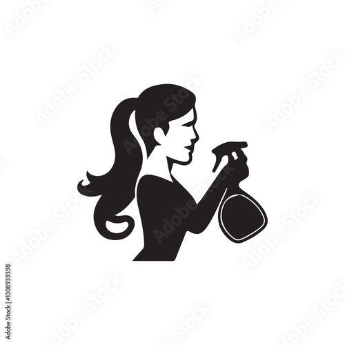 girl with a bottle,Woman cleaning with spray bottle, a silhouette design.A profile view of a woman in silhouette, holding a spray bottle.