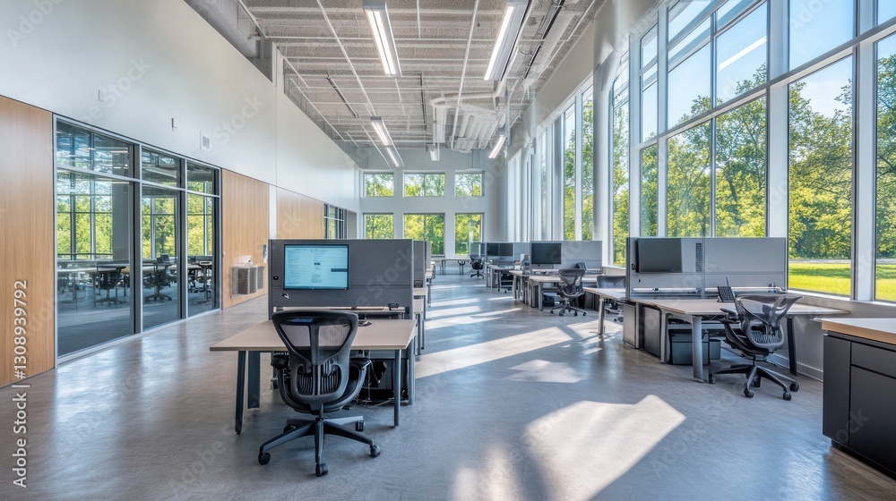 Modern office workspace with natural light, trees outside, collaborative desks Modern office workspace with natural light, trees outside, collaborative desks
